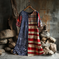 Women's Retro Independence Day Flag Check Short Sleeve Dress elevenforest