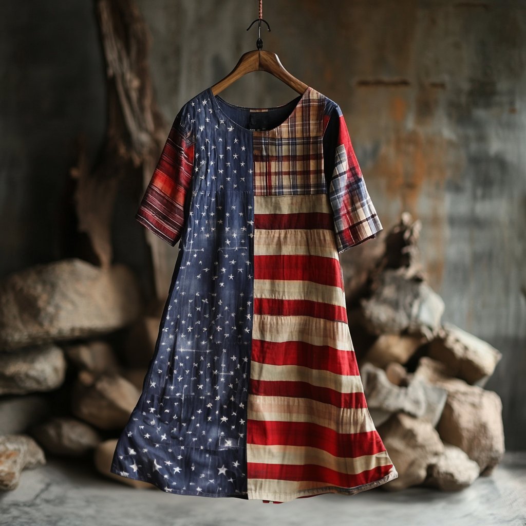 Women's Retro Independence Day Flag Check Short Sleeve Dress elevenforest