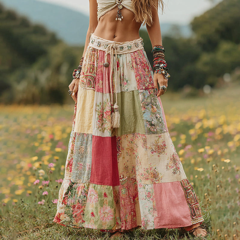 Vintage Boho Floral Patchwork Art Flowy Linen Skirt elevenforest