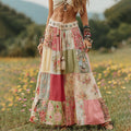 Vintage Boho Floral Patchwork Art Flowy Linen Skirt elevenforest