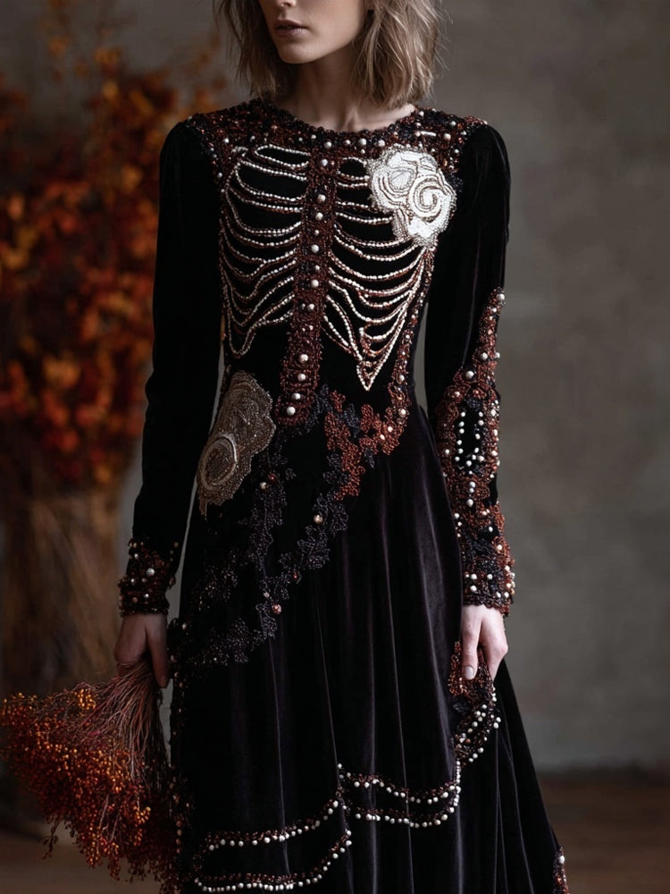 Vintage Glitter Beads Skeleton Floral Cozy Velvet Maxi Dress elevenforest