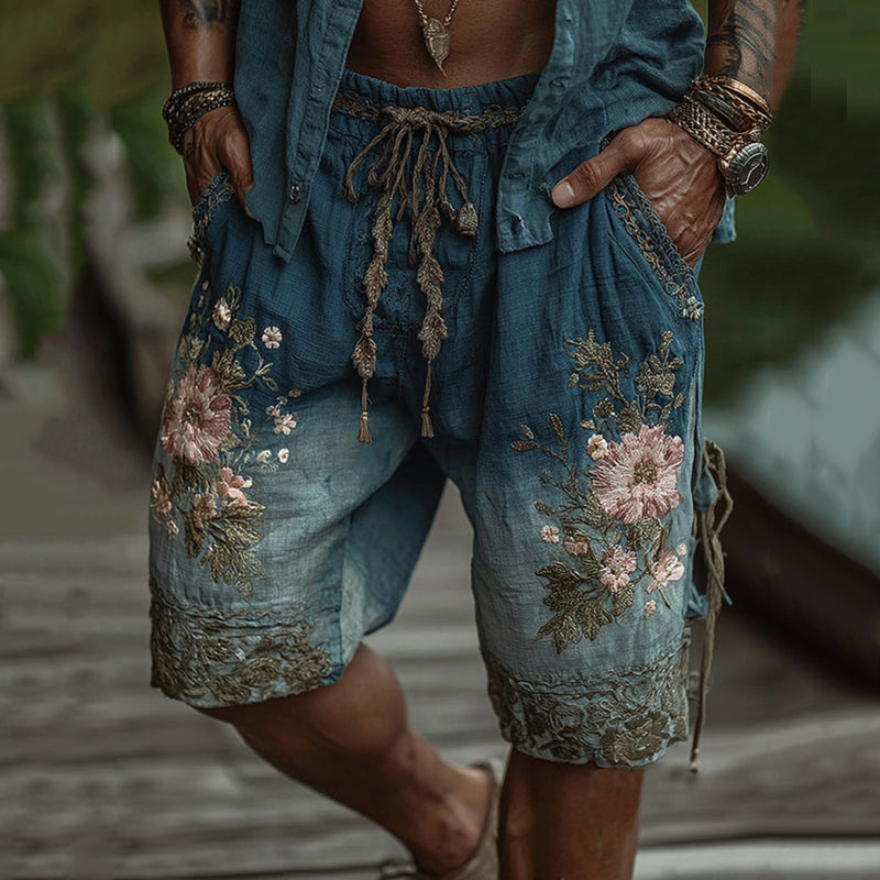 Men's Vintage Floral Embroidered Linen Blend Casual Shorts elevenforest