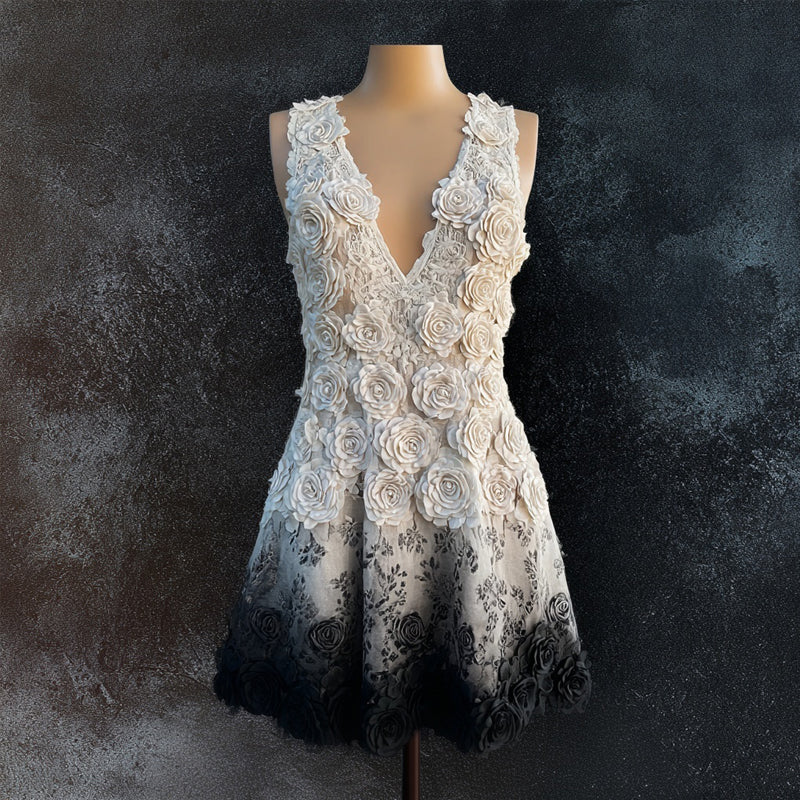 Vintage Roses Embroidered Gradient V Neck Linen Mini Dress elevenforest