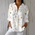 Women's Vintage Bee Floral Art Print Casual Linen V-neck Shirt elevenforest