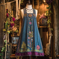 Women's Denim Forest Tree Art Patch Sleeveless Dress elevenforest