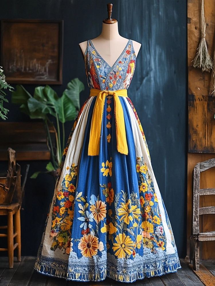 Vintage Petrykivka Folk Art Ukraine Colorblock Linen Maxi Dress elevenforest