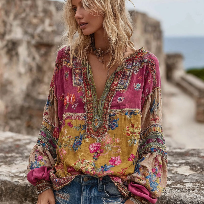 Women's Vintage Bohemian Floral Embroidery Art V-neck Linen Blend Blouse elevenforest