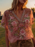 Women's Casual Retro Bohemian Embroidered Floral Print Top elevenforest