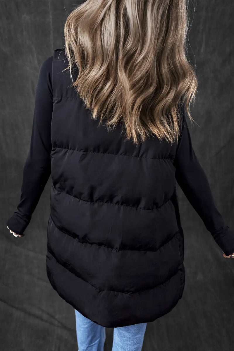 Black Longline Puffer Vest With Pockets
