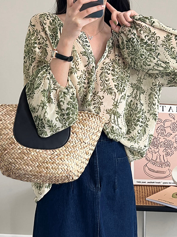 Loose Printed Sun Protection Balloon Sleeves V-neck Blouses