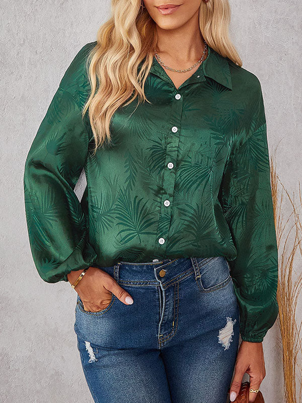 Loose Puff Sleeves Jacquard Split-joint Lapel Blouses