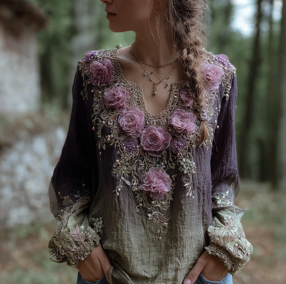 Bohemian Style Round Neck Long Sleeve 3d Purple Flower Design Cotton And Linen Top For Women elevenforest
