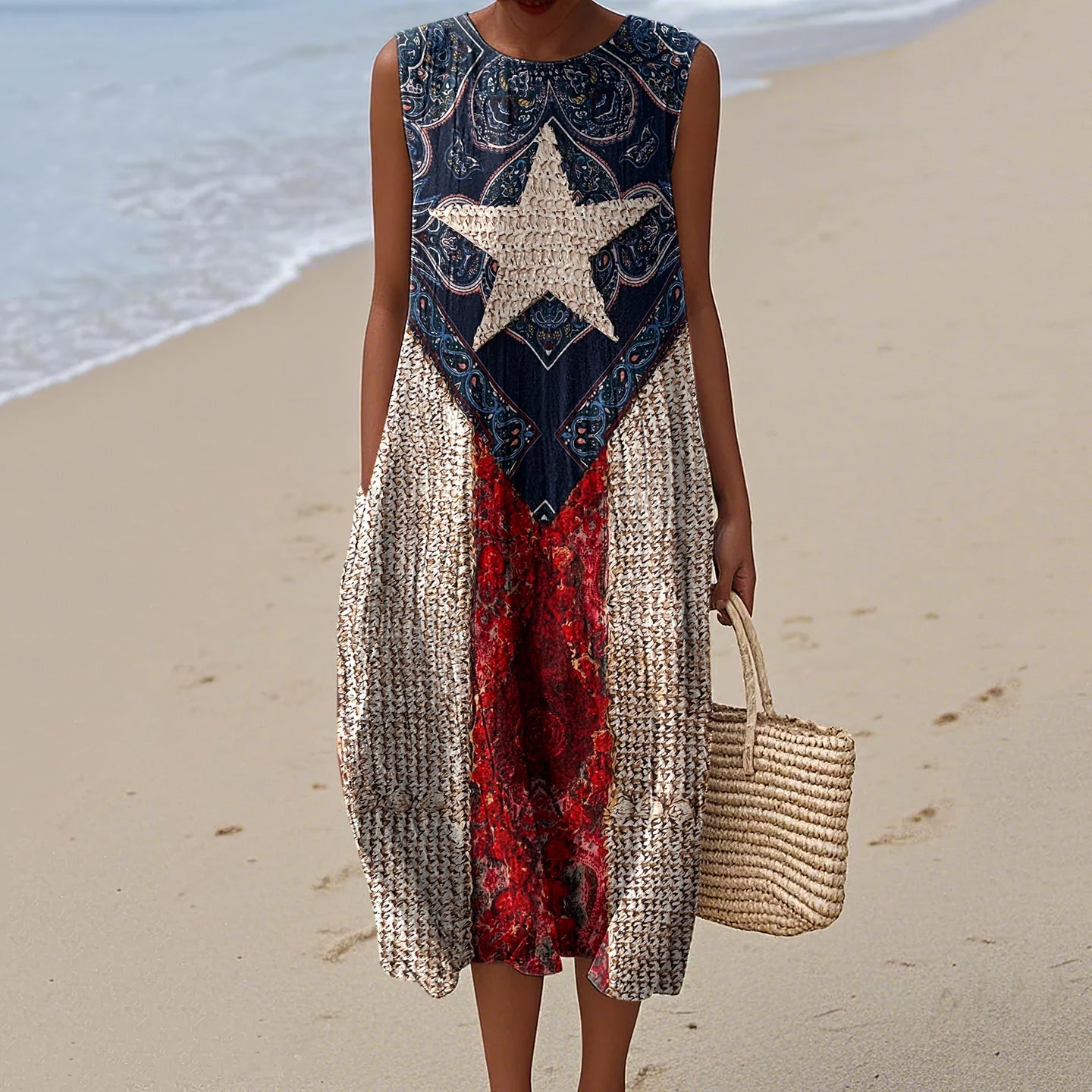 Women's Vintage Flag Print Sleeveless Casual Cotton Dress elevenforest