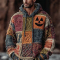 Halloween Pumpkin Face Geometric Patchwork Men's Chunky Knit Hooded Sweater artswardrobe