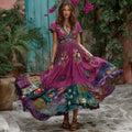 Women's Retro Flower Embroidery Patchwork Art V-neck Short Sleeve Maxi Dress elevenforest