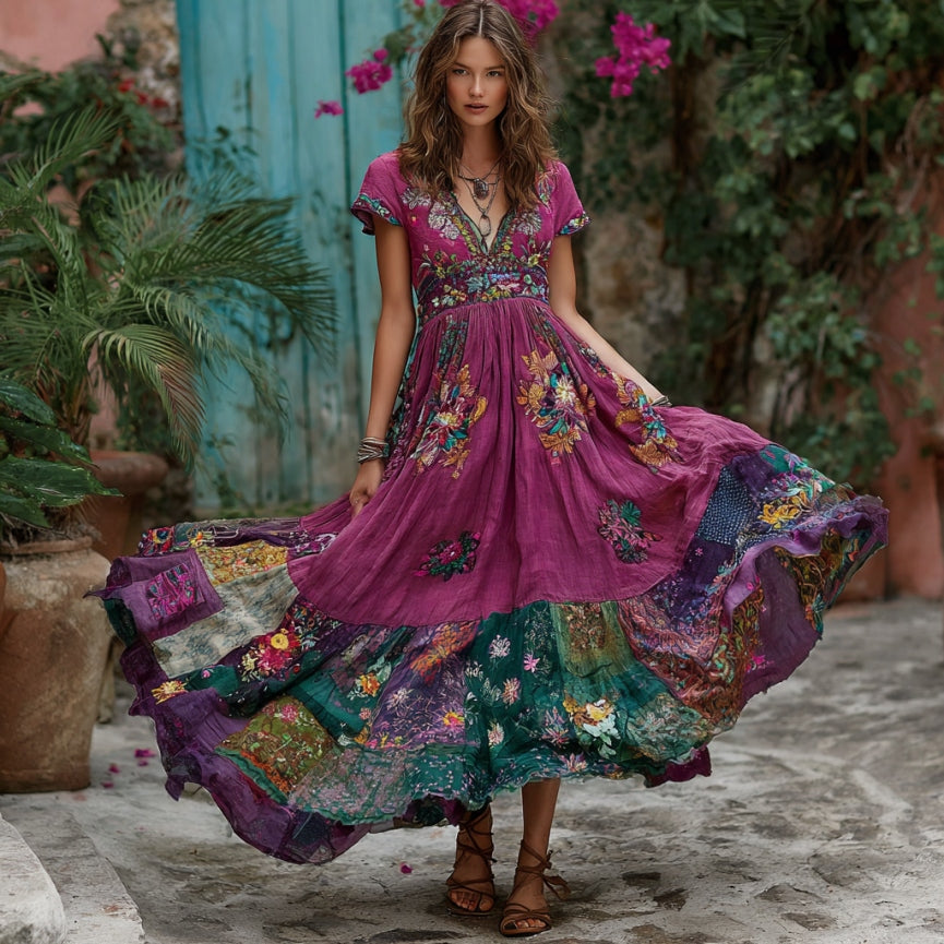 Women's Retro Flower Embroidery Patchwork Art V-neck Short Sleeve Maxi Dress elevenforest