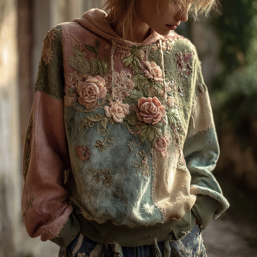 Women's Vintage Floral Art Patchwork Hoodie elevenforest