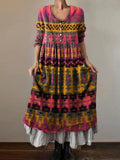 Women's Vintage Striped Art Print V-Neck Button Pocket Cotton Dress