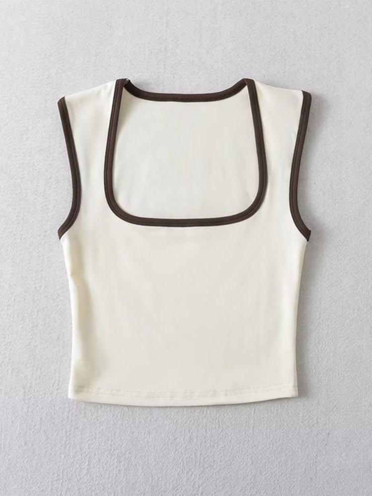 Woman Slim Contrust Camis Sleeveless Tanks Square Collar Crop Tops Clothing Mujer Y2k