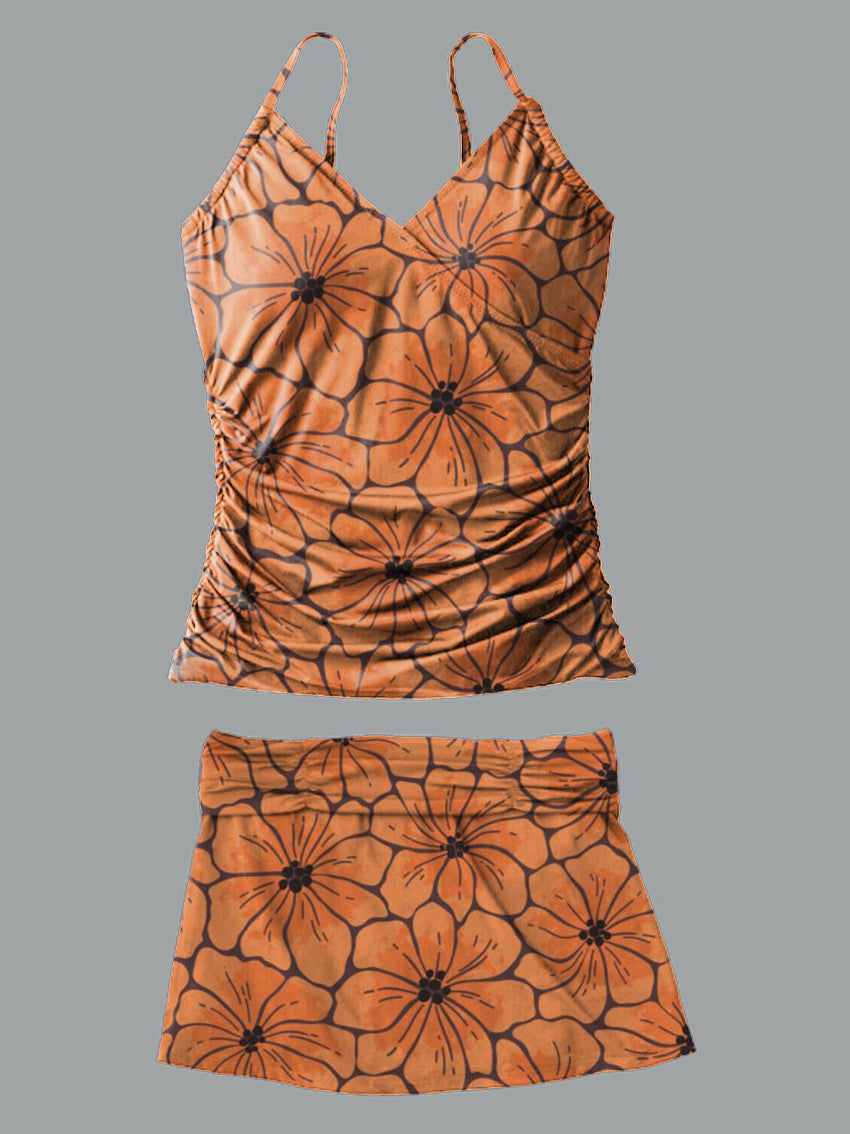 Orange Flower V-Neck Vintage Flowers Print Suspender Skirt Tankini Pantskirt Set Swimsuit