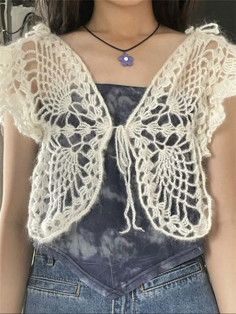 Vintage Butterfly Hollow Crochet Tied Top elevenforest