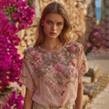 Vintage Boho Pink Roses Embroidered Art Flowy Linen Short Sleeves T-shirt elevenforest