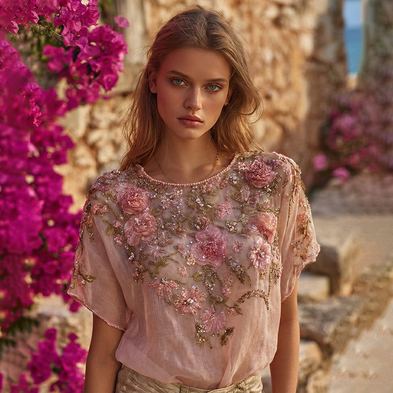 Vintage Boho Pink Roses Embroidered Art Flowy Linen Short Sleeves T-shirt elevenforest