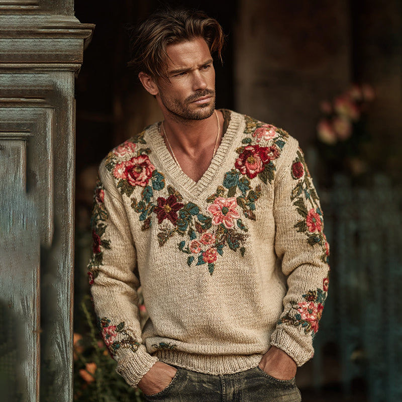 Men's Floral Art Jacquard Thick Warm V Neck  Sweater artswardrobe