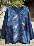 Comstylish Japanese Geometric Patchwork Crane Pattern Women's Linen V-neck Shirt