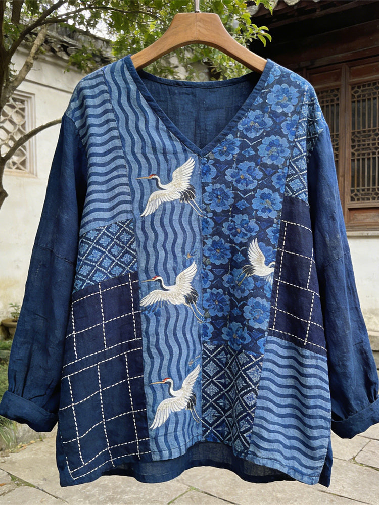 Comstylish Japanese Geometric Patchwork Crane Pattern Women's Linen V-neck Shirt
