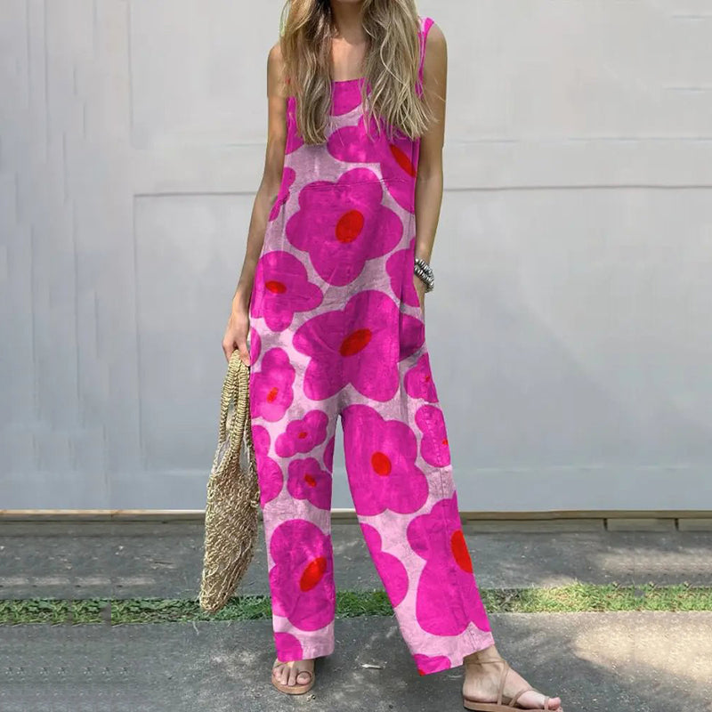 Women's Gorgeous Large Flower Print Thin Suspender Casual Wide Leg Jumpsuit elevenforest