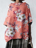 Women's Elegant Floral Round Neck Cotton and Linen Top