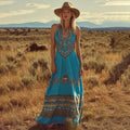 Women's Vintage Western Geometric Print V-neck Tank Midi Dress elevenforest