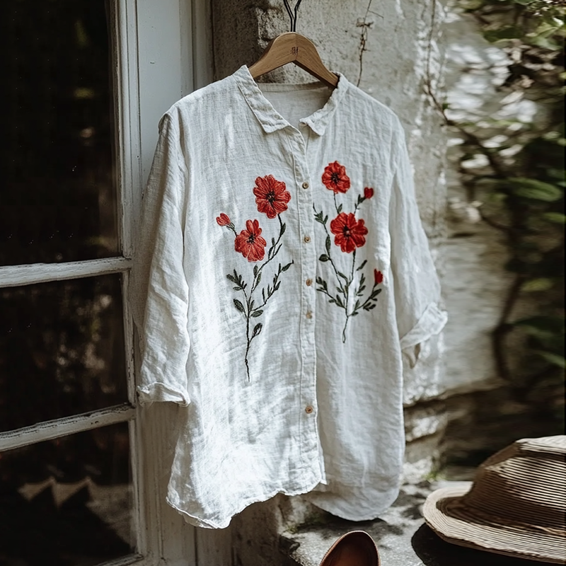Vintage Floral Embroidery Art Lapel Button Loose Blouse elevenforest