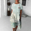 Japanese Art Huge Waves And Octopus Print Crew Neck Loose Midi Dress elevenforest