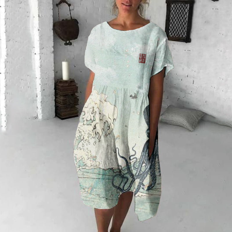 Japanese Art Huge Waves And Octopus Print Crew Neck Loose Midi Dress elevenforest