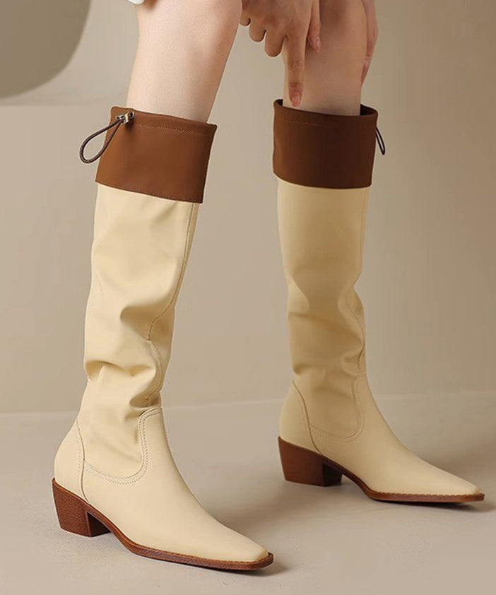 Black Faux Leather Splicing Chunky Knee Boots
