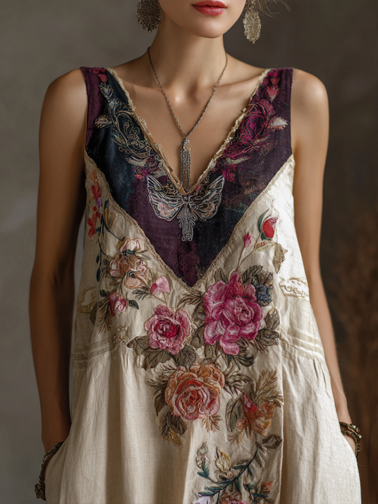 Bohemian Style Plant Flower And Butterfly Embroidery Pattern Women's Cotton And Linen Sleeveless V-neck Dress elevenforest