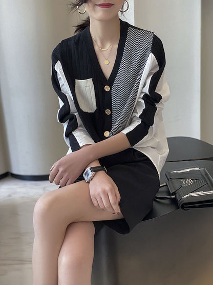Urban Long Sleeves Contrast Color Split-joint V-neck Cardigan Tops
