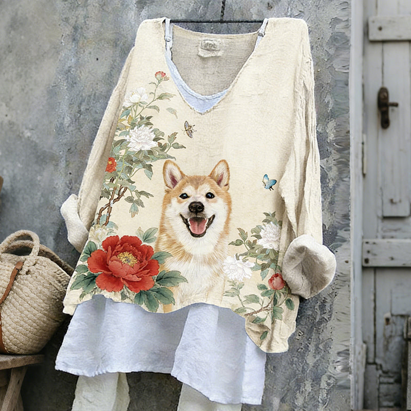 Women's Cute Shiba Inu With Floral Ink Art V-neck Linen Blend T-shirt elevenforest