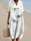 Women'S Colorful Dragonflies Linen Blend Dress