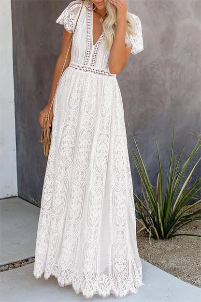 Lace Flutter Sleeve V-neck Maxi Dress