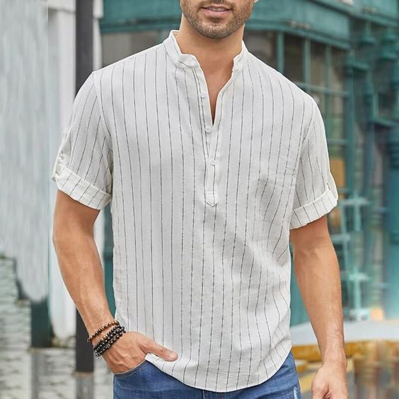 Men's Casual Stripes Art Linen Blend Shirt elevenforest