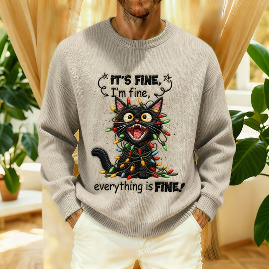 Comstylish Men's It's Fine Christmas Cat Embroidered Cozy Knit Sweater