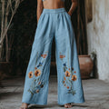 Women's Floral Embroidered Pattern Linen Blend Casual Pants elevenforest