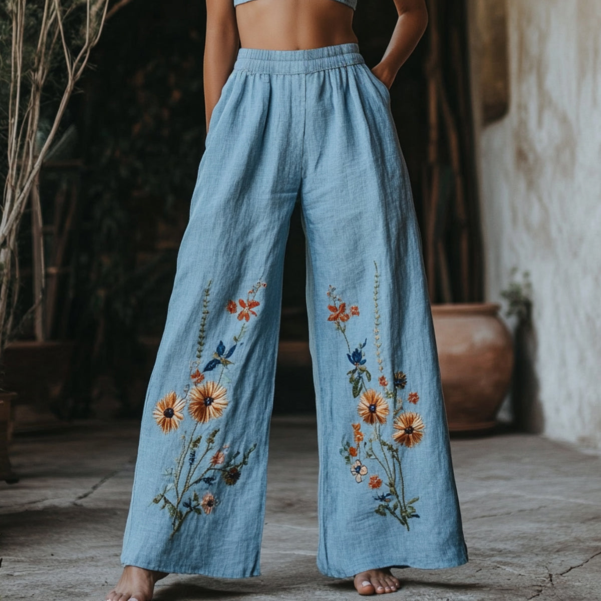 Women's Floral Embroidered Pattern Linen Blend Casual Pants elevenforest