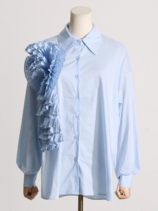 Long Sleeves Loose Asymmetric Buttoned Pleated Color Split-joint Three-dimensional Flower Lapel Blouses&shirts Tops