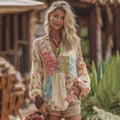 Women's Classy Boho Patchwork Floral Embroidered Linen Art Casual Shirt elevenforest