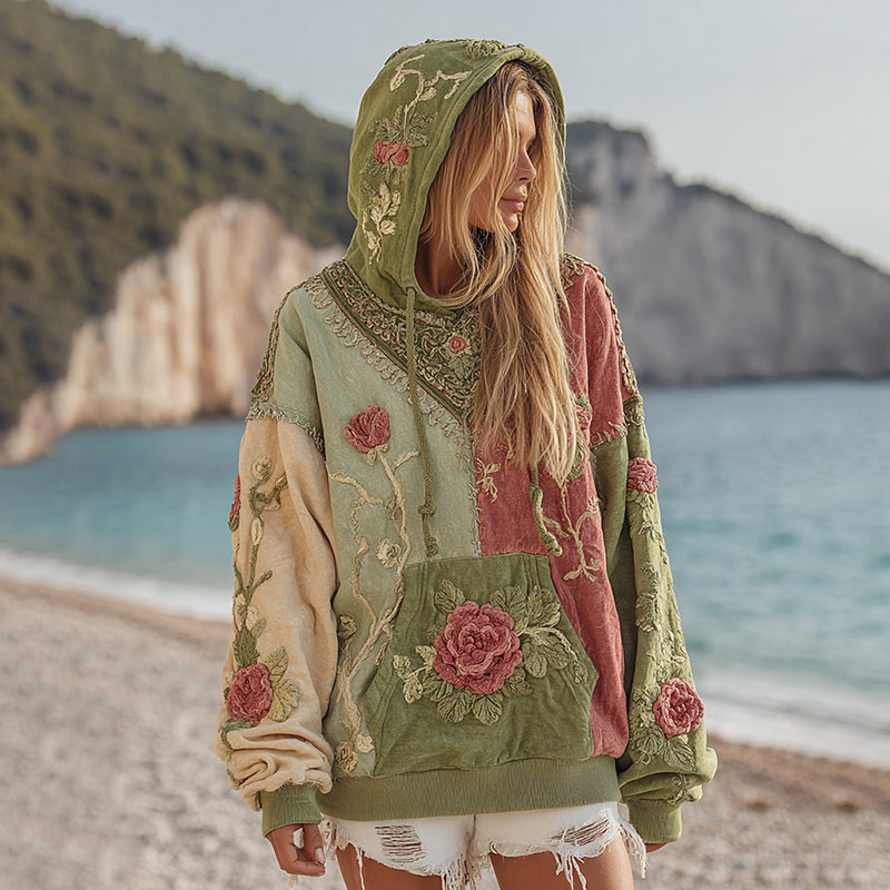 Women's Rose Floral Embroidery Patchwork Cozy Warm Hoodie elevenforest