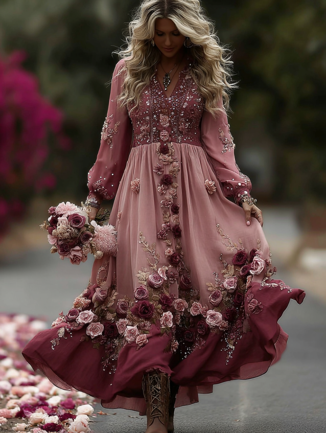 Women's Classic Romantic Pink Rose Embroidery Art Comfy Linen V Neck Maxi Dress elevenforest